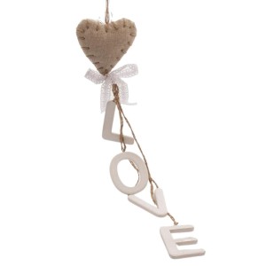 Scritta pendente in legno con cuore in stoffa H30