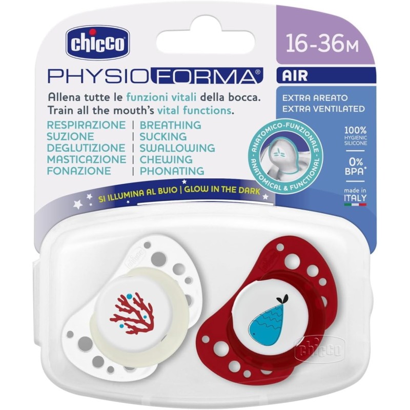 Chicco Succhietto Air Rosso Lumi Silicone 16-36M 2Pz