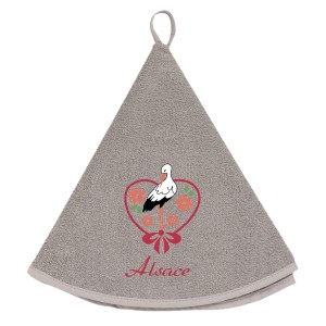 Asciugamano rotondo ricamato Cigogne Fleurs Gris Diameter 60
